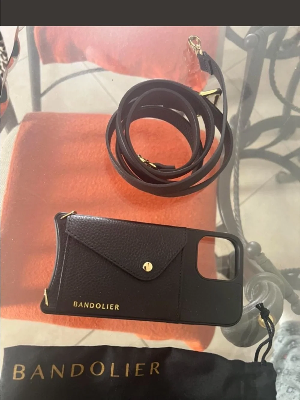 Bandolier Black Leather Cardholder Crossbody Phone Case with Gold Accents